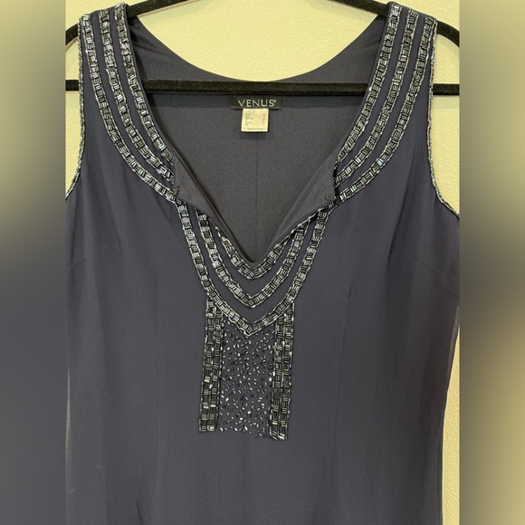 VENUS Navy Beaded V-Neck Sleeveless Dress Size 2 Double Layer Sheer Overlay - Picture 3 of 12